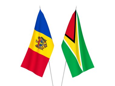 Guyana Kooperatif Cumhuriyeti ve Moldova 'nın ulusal kumaş bayrakları beyaz arka planda izole edildi. 3d resimleme.