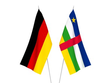 Beyaz arka planda Almanya ve Orta Afrika Cumhuriyeti 'nin ulusal kumaş bayrakları izole edildi. 3d resimleme.