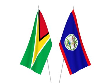 Beyaz arka planda Guyana ve Belize Kooperatif Cumhuriyeti 'nin ulusal kumaş bayrakları izole edildi. 3d resimleme.