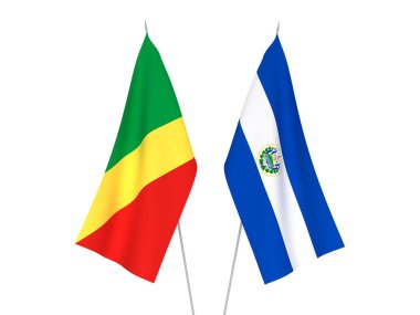 El Salvador Cumhuriyeti ve Kongo Cumhuriyeti bayrakları beyaz arka planda izole edilmiştir. 3d resimleme.