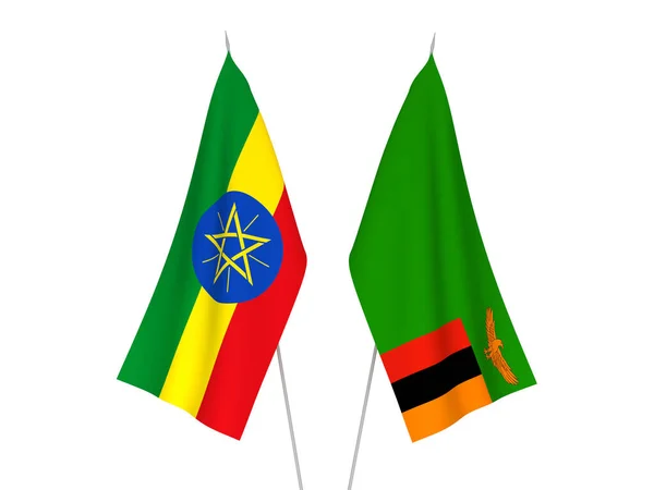 埃塞俄比亚和赞比亚共和国的国旗以白色背景隔开 3D渲染说明 — 图库照片