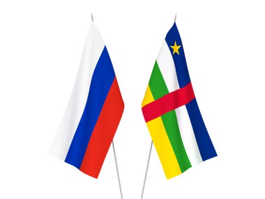 Beyaz arka planda Rusya ve Orta Afrika Cumhuriyeti 'nin ulusal kumaş bayrakları izole edildi. 3d resimleme.