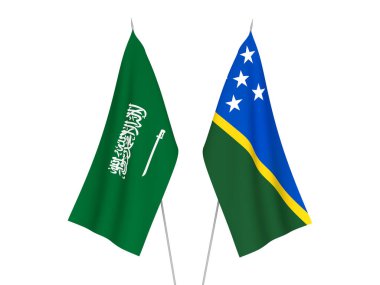 Beyaz arka planda Suudi Arabistan ve Solomon Adaları 'nın ulusal kumaş bayrakları izole edildi. 3d resimleme.