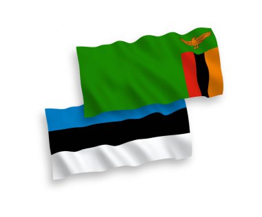 Beyaz zemin üzerinde Estonya ve Zambiya Cumhuriyeti 'nin ulusal taşıyıcı kumaş bayrakları izole edilmiştir. 1 'e 2 oranında.