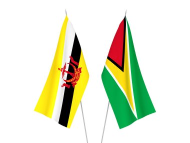 Guyana Kooperatif Cumhuriyeti ve Brunei 'nin ulusal kumaş bayrakları beyaz arka planda izole edildi. 3d resimleme.