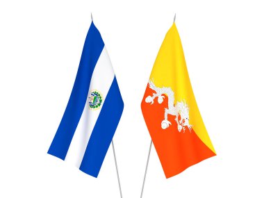 Beyaz arka planda El Salvador Cumhuriyeti ve Butan Krallığı bayrakları izole edildi. 3d resimleme.