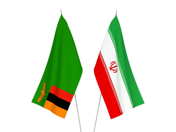 Nationell Tyg Flaggor Iran Och Republiken Zambia Isolerad Vit Bakgrund — Stockfoto