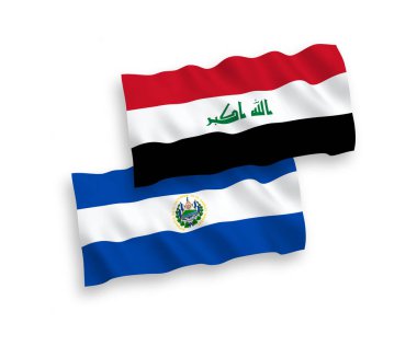 El Salvador Cumhuriyeti ve Irak 'ın ulusal taşıyıcı kumaş bayrakları beyaz arka planda izole edildi. 1 'e 2 oranında.
