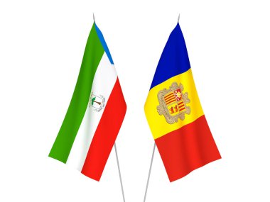 Beyaz arka planda Andorra 'nın ulusal kumaş bayrakları ve Ekvator Ginesi Cumhuriyeti izole edildi. 3d resimleme.