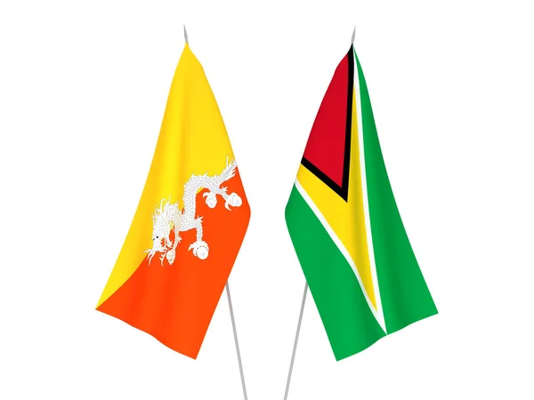 Nationale Stoffen Vlaggen Van Coöperatieve Republiek Guyana Het Koninkrijk Bhutan — Stockfoto