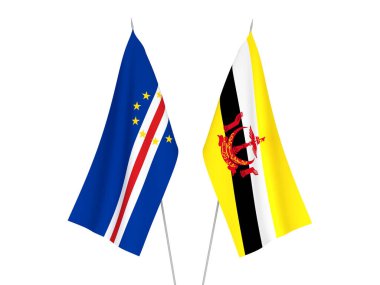Beyaz arka planda Cabo Verde ve Brunei 'nin ulusal kumaş bayrakları izole edildi. 3d resimleme.