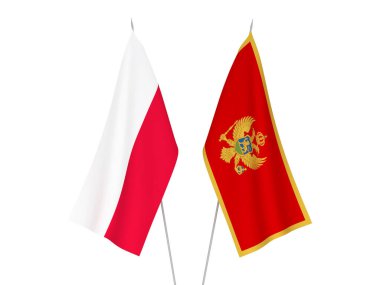 Beyaz arka planda Orta Afrika Cumhuriyeti ve Polonya 'nın ulusal kumaş bayrakları izole edildi. 3d resimleme.