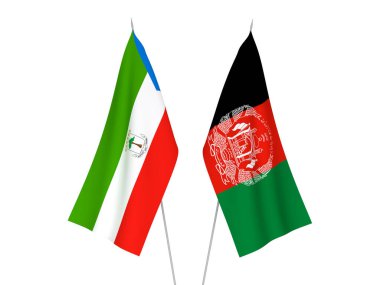 Beyaz arka planda, Ekvator Gine Cumhuriyeti ve Afganistan İslam Cumhuriyeti 'nin ulusal kumaş bayrakları izole edildi. 3d resimleme.