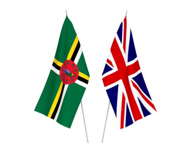 Büyük Britanya ve Dominica 'nın ulusal kumaş bayrakları beyaz arka planda izole edildi. 3d resimleme.