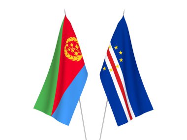 Beyaz arka planda Cabo Verde ve Eritrea Cumhuriyeti bayrakları izole edildi. 3d resimleme.