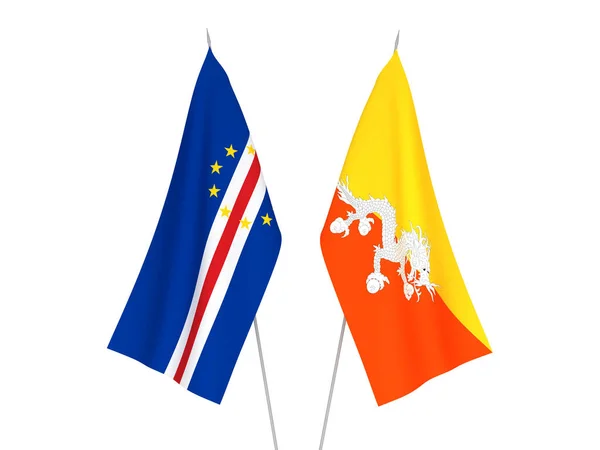 Banderas Nacionales Tela República Cabo Verde Reino Bután Aisladas Sobre —  Fotos de Stock