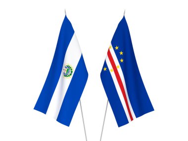 Beyaz arka planda Cabo Verde Cumhuriyeti ve El Salvador Cumhuriyeti bayrakları izole edildi. 3d resimleme.