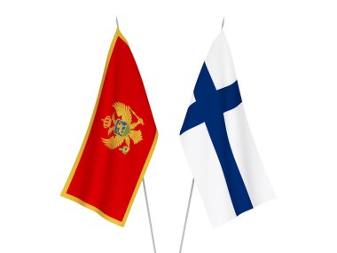 Orta Afrika Cumhuriyeti ve Finlandiya 'nın ulusal kumaş bayrakları beyaz arka planda izole edilmiştir. 3d resimleme.