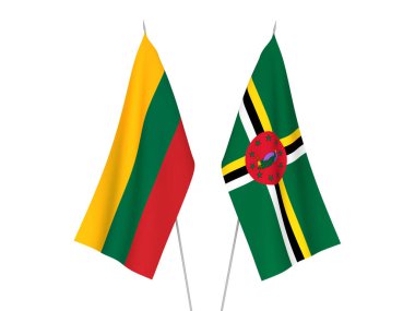 Beyaz arka planda Litvanya ve Dominica 'nın ulusal kumaş bayrakları izole edildi. 3d resimleme.