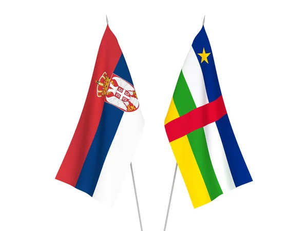 Nationale Stoffen Vlaggen Van Servië Centraal Afrikaanse Republiek Geïsoleerd Witte — Stockfoto