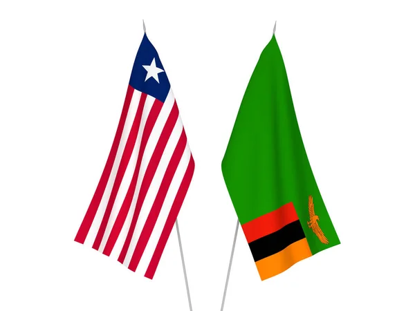 Bandeiras Tecido Nacional República Zâmbia Libéria Isoladas Fundo Branco Ilustração — Fotografia de Stock