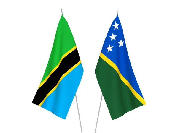 Banderas Nacionales Tela Tanzania Las Islas Salomón Aisladas Sobre Fondo —  Fotos de Stock