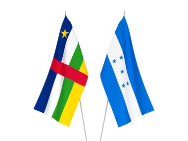 Beyaz arka planda Honduras ve Orta Afrika Cumhuriyeti 'nin ulusal kumaş bayrakları izole edildi. 3d resimleme.