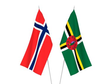 Norveç ve Dominica 'nın ulusal kumaş bayrakları beyaz arka planda izole edildi. 3d resimleme.