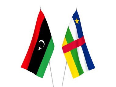 Beyaz arka planda Libya ve Orta Afrika Cumhuriyeti 'nin ulusal kumaş bayrakları izole edildi. 3d resimleme.