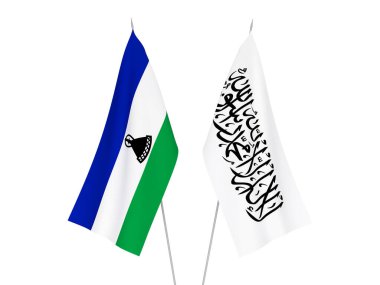 Beyaz arka planda Lesotho ve Taliban 'ın ulusal kumaş bayrakları izole edildi. 3d resimleme.