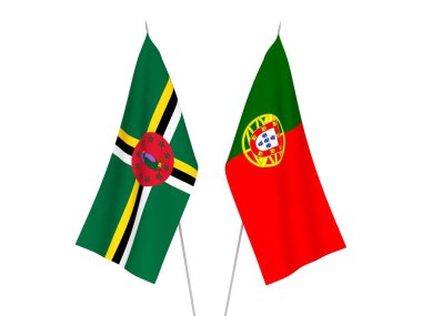 Dominica ve Portekiz 'in ulusal kumaş bayrakları beyaz arka planda izole edildi. 3d resimleme.
