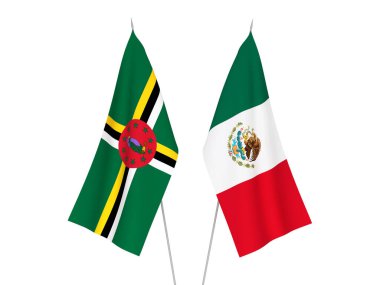 Dominica ve Meksika 'nın ulusal kumaş bayrakları beyaz arka planda izole edildi. 3d resimleme.