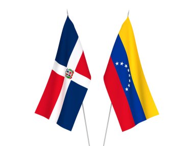 Beyaz arka planda Dominik Cumhuriyeti ve Venezuela 'nın ulusal kumaş bayrakları izole edildi. 3d resimleme.