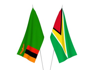 Beyaz arka planda Zambiya Cumhuriyeti 'nin ulusal kumaş bayrakları ve Guyana Kooperatif Cumhuriyeti izole edildi. 3d resimleme.