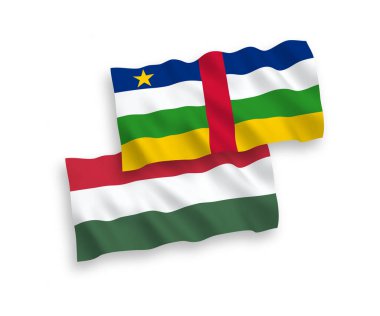 Beyaz arka planda Orta Afrika Cumhuriyeti ve Macaristan 'ın ulusal taşıyıcı kumaş bayrakları izole edildi. 1 'e 2 oranında.