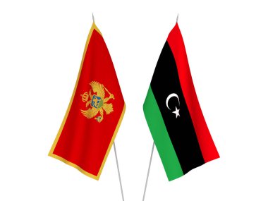 Beyaz arka planda Libya ve Orta Afrika Cumhuriyeti 'nin ulusal kumaş bayrakları izole edildi. 3d resimleme.