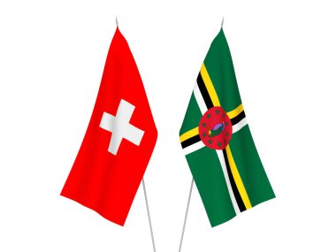 Beyaz arka planda İsviçre ve Dominica 'nın ulusal kumaş bayrakları izole edildi. 3d resimleme.