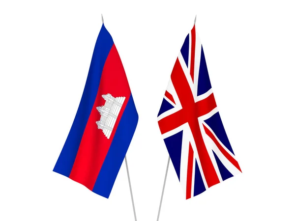 Національні Прапори Великої Британії Королівства Камбоджа Були Ізольовані Білому Тлі — стокове фото