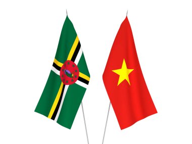 Beyaz arka planda Vietnam ve Dominica 'nın ulusal kumaş bayrakları izole edildi. 3d resimleme.