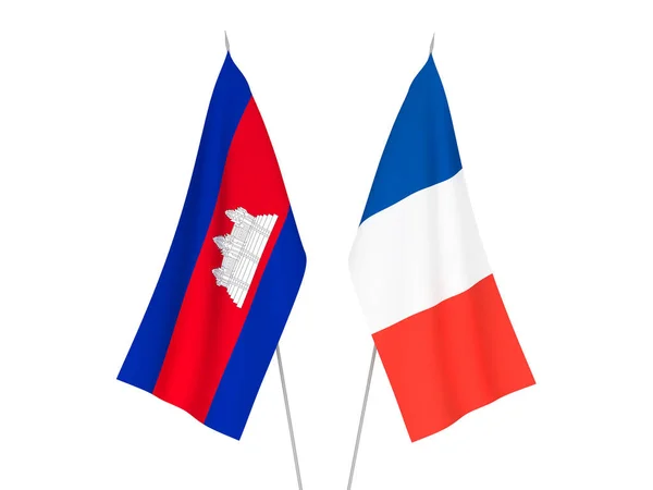 Banderas Nacionales Tela Francia Reino Camboya Aisladas Sobre Fondo Blanco — Foto de Stock