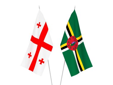 Beyaz arka planda Gürcistan ve Dominica 'nın ulusal kumaş bayrakları izole edildi. 3d resimleme.