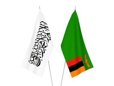 Beyaz arka planda Taliban ve Zambiya Cumhuriyeti 'nin ulusal kumaş bayrakları izole edildi. 3d resimleme.