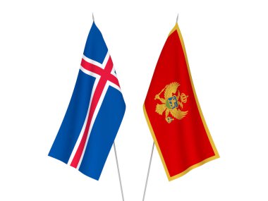 Beyaz arka planda İzlanda ve Orta Afrika Cumhuriyeti 'nin ulusal kumaş bayrakları izole edildi. 3d resimleme.