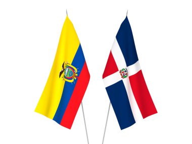 Beyaz arka planda, Ekvador ve Dominik Cumhuriyeti 'nin ulusal kumaş bayrakları izole edildi. 3d resimleme.