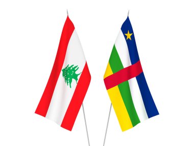 Beyaz arka planda Lübnan ve Orta Afrika Cumhuriyeti 'nin ulusal kumaş bayrakları izole edildi. 3d resimleme.