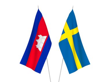 Beyaz arka planda İsveç ve Kamboçya Krallığı 'nın ulusal kumaş bayrakları izole edildi. 3d resimleme.