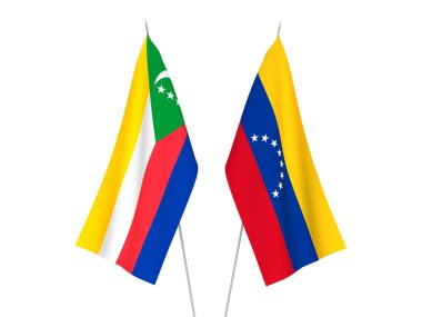Beyaz arka planda Comoros ve Venezuela Birliği bayrakları izole edildi. 3d resimleme.