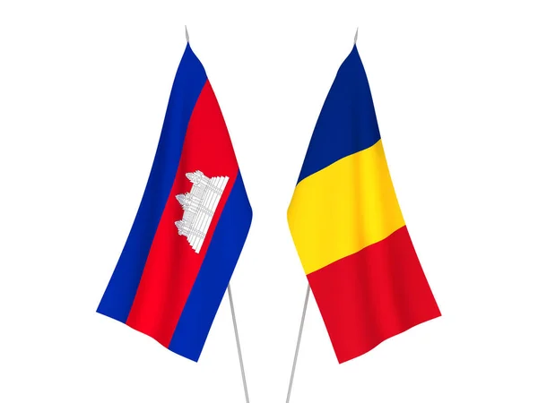 Національні Прапори Румунії Королівства Камбоджа Ізольовані Білому Тлі Візуалізація — стокове фото