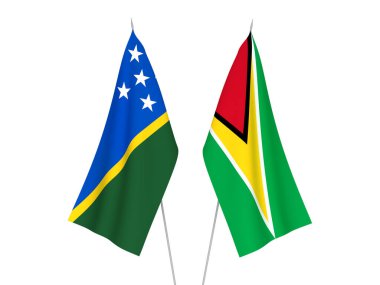 Solomon Adaları 'nın ulusal kumaş bayrakları ve Guyana Kooperatif Cumhuriyeti beyaz arka planda izole edildi. 3d resimleme.