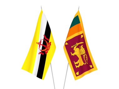 Beyaz arka planda Sri Lanka Demokratik Sosyalist Cumhuriyeti ve Brunei 'nin ulusal kumaş bayrakları izole edildi. 3d resimleme.